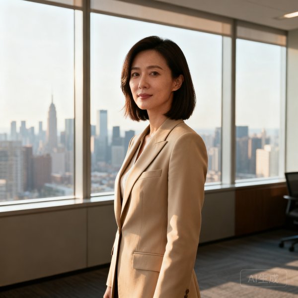 运营总监林雅文，身穿米色职业西装，齐肩短发，站在办公室落地窗前，背景可见城市天际线。