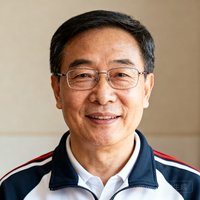 杭州学军中学体育教研组长正面半身照，戴着眼镜，身穿学校运动服，表情和蔼。