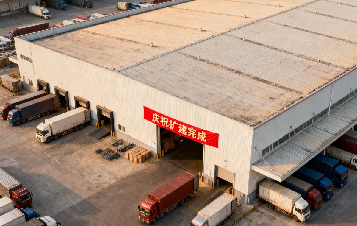 成都仓储中心航拍图，巨大的仓库建筑周围停放着多辆物流货车，仓库入口处悬挂庆祝扩建完成的红色横幅。